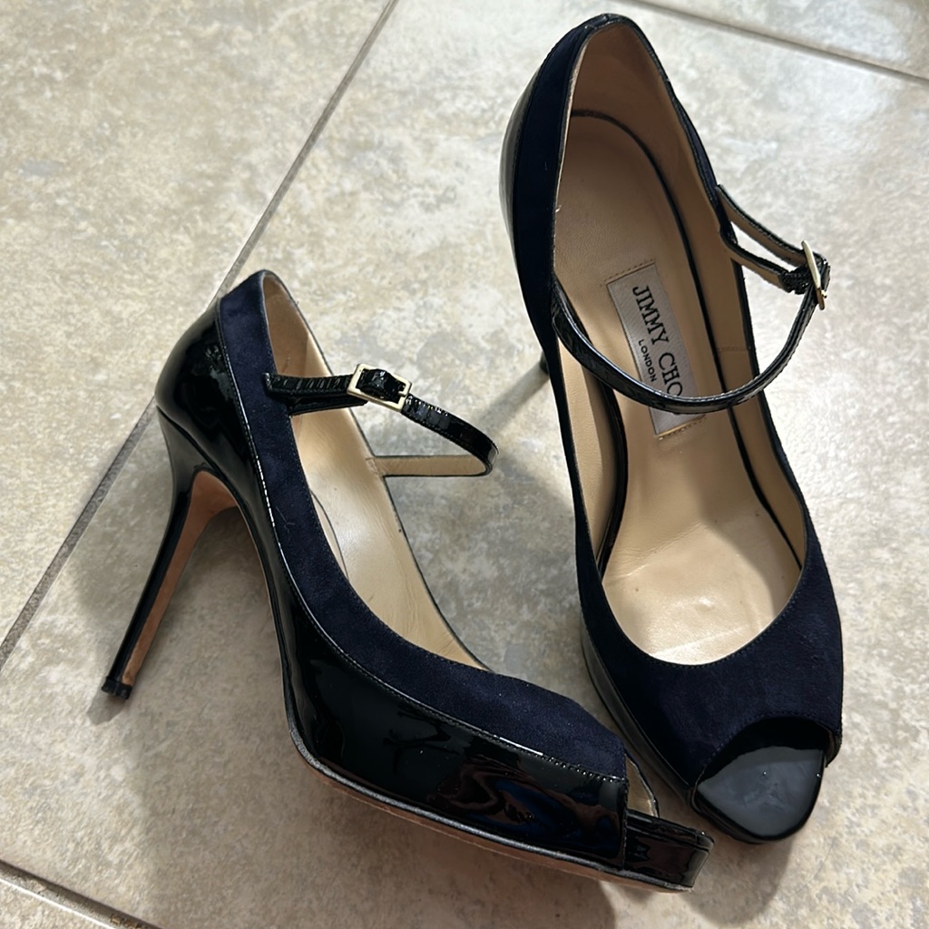 Jimmy Choo Black And Navy Patent And Nubuck Leather Peep Toe Mary Jane Pumps